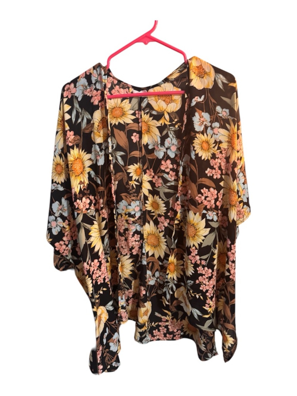 Maurices Brown Floral Open Kimono with Yellow & Pink Flowers